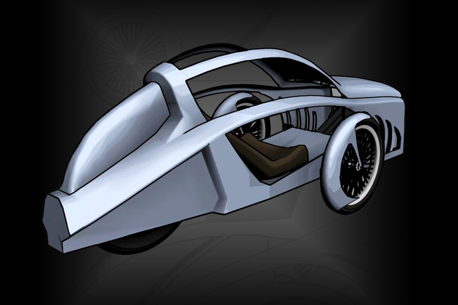 Elektromobīļa virsbūves skice. No šī trīsdimensionālā materiāla tika izveidots virsbūves prototips dabā, mērogā 1:1, lai veiktu šim auto ergonomikas, aerodinamikas u.c. testus. Elektromobīlis